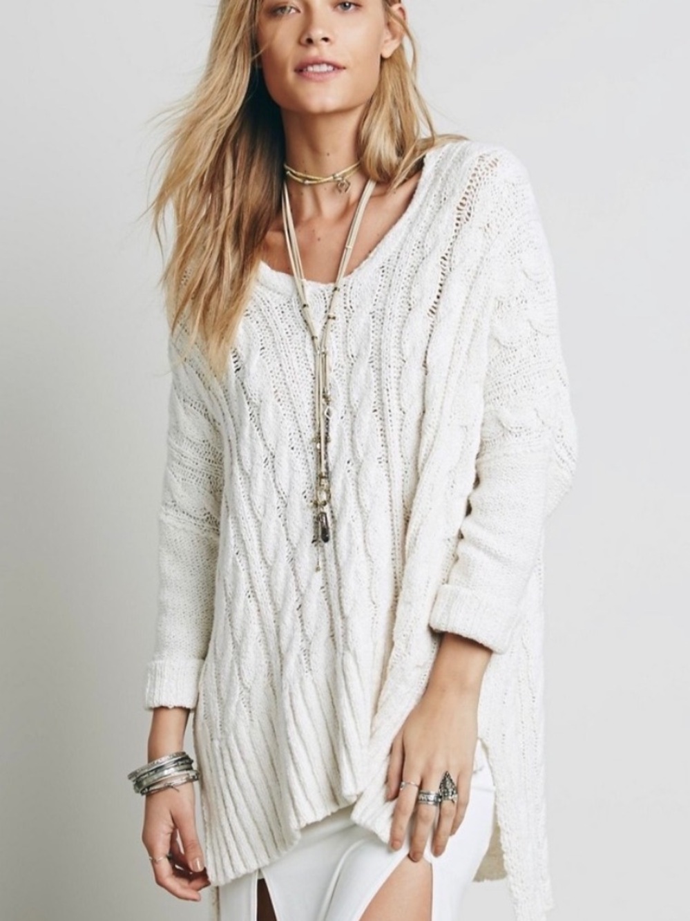 Free People Easy Cable V-Neck Sweater Ivory Boho Oversized Fisherman cotton s